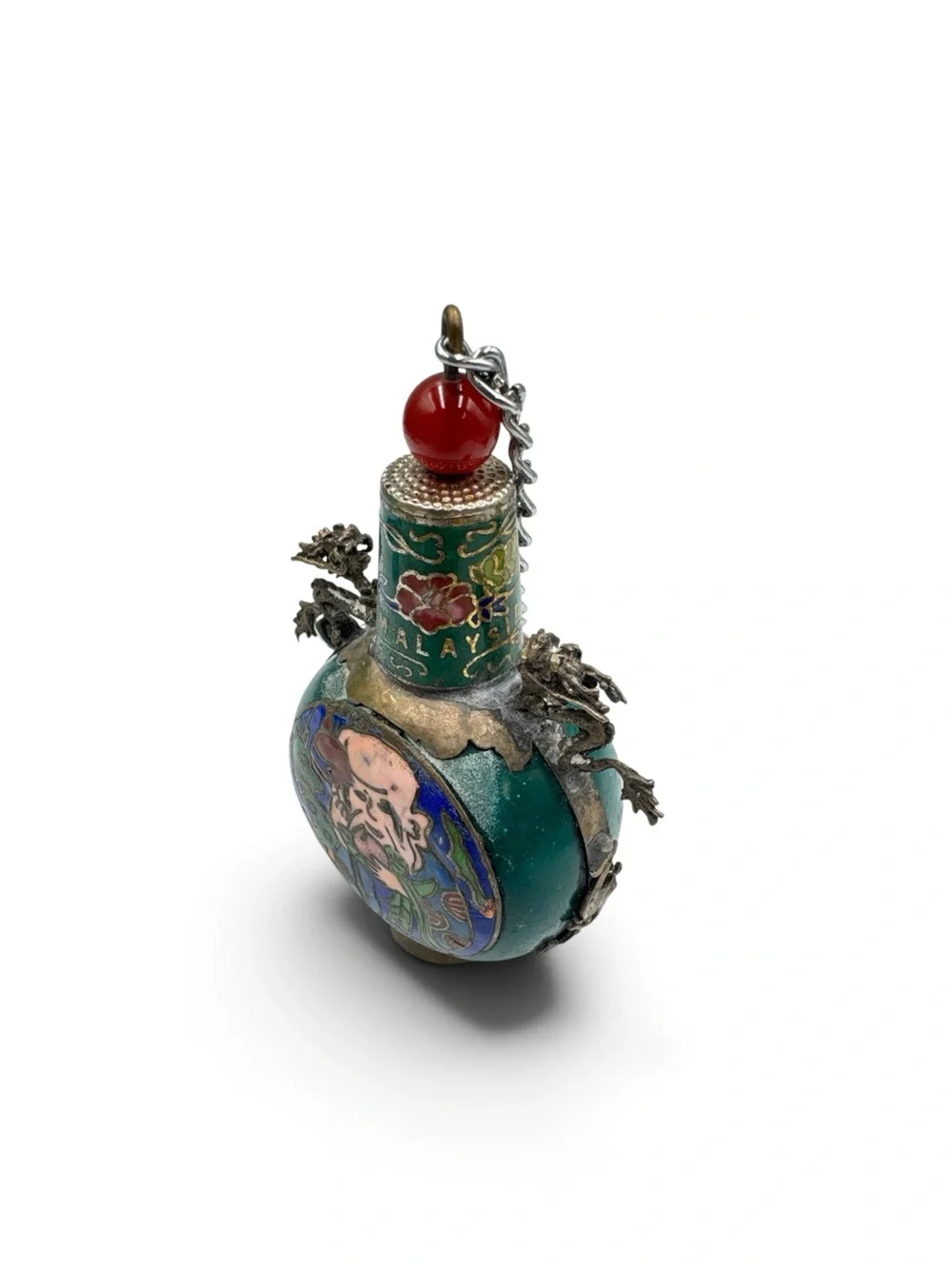 Vintage Malaysia Cloisonné Snuff Bottle Double Dragon Figural 4”